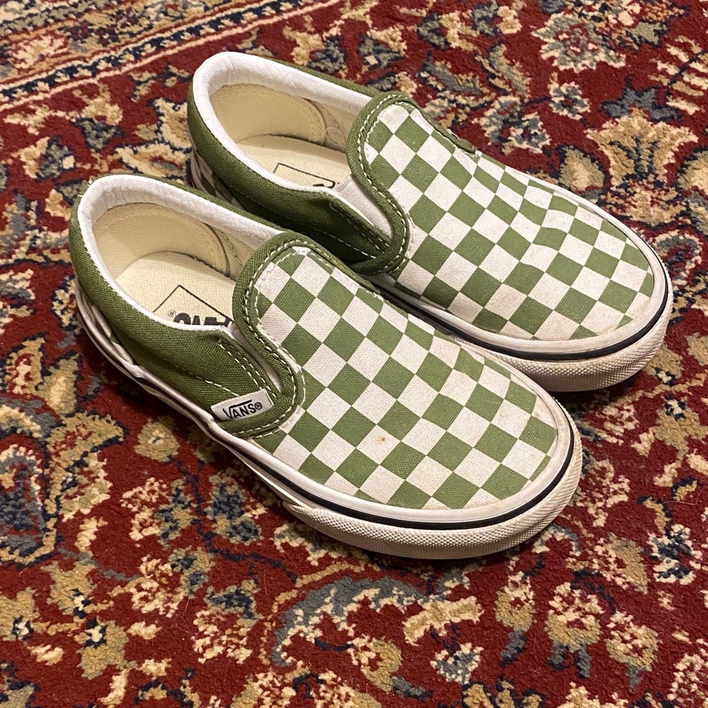 Vans Kids Green and White Checkered Slip-On Sneakers